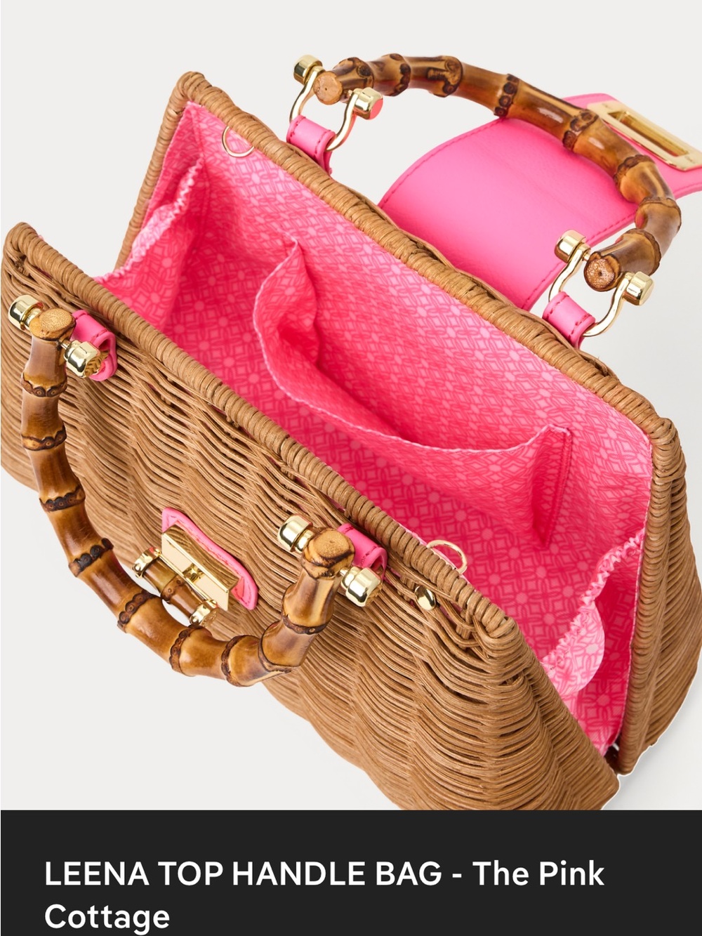 Lilly Pulitzer Leena Handle top Woven Rattan Satchel with Bright Pink Flap. - Picture 2 of 7